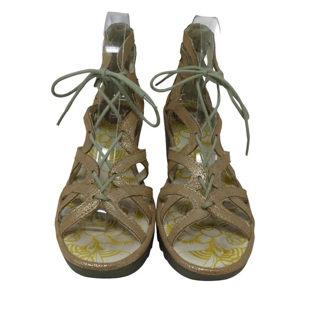 Fly London Yuke Wedge Sandals Women 38 Gold Metallic Lace Up Gladiator